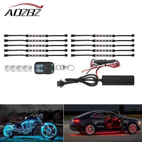 Aozbz 10PCS Car RGB LED Strip Light Atmosphere Lamp Car Styling Decorative Atmosphere Lamp Car Interior led Light Remote Control