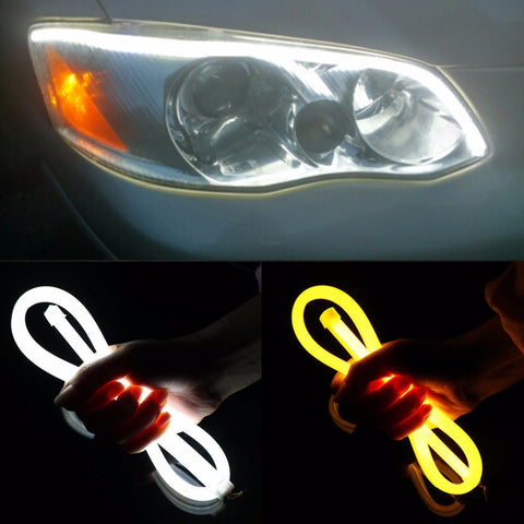 2pcs Universial 60cm Daytime Running Light White and Yellow Flexible Soft Car LED Strip Light Lamp Guide Turn Signal light